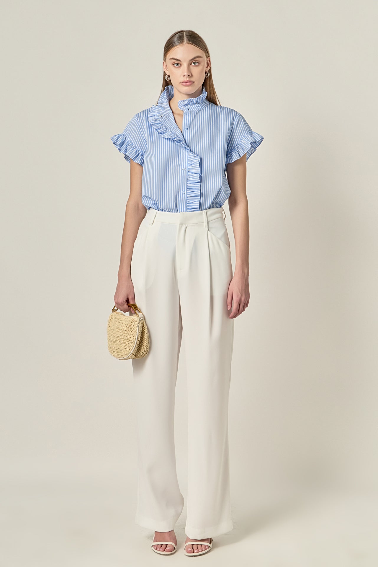 ENGLISH FACTORY - Ruffle Trim Striped Button-Up Shirt - SHIRTS & BLOUSES available at Objectrare