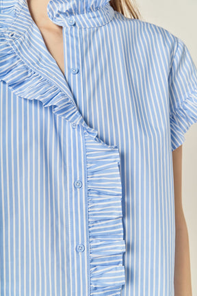 ENGLISH FACTORY - Ruffle Trim Striped Button-Up Shirt - SHIRTS & BLOUSES available at Objectrare