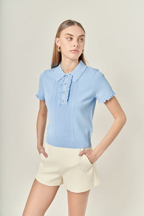 ENGLISH FACTORY - Ruffle Trim Collared Knit Top - TOPS available at Objectrare