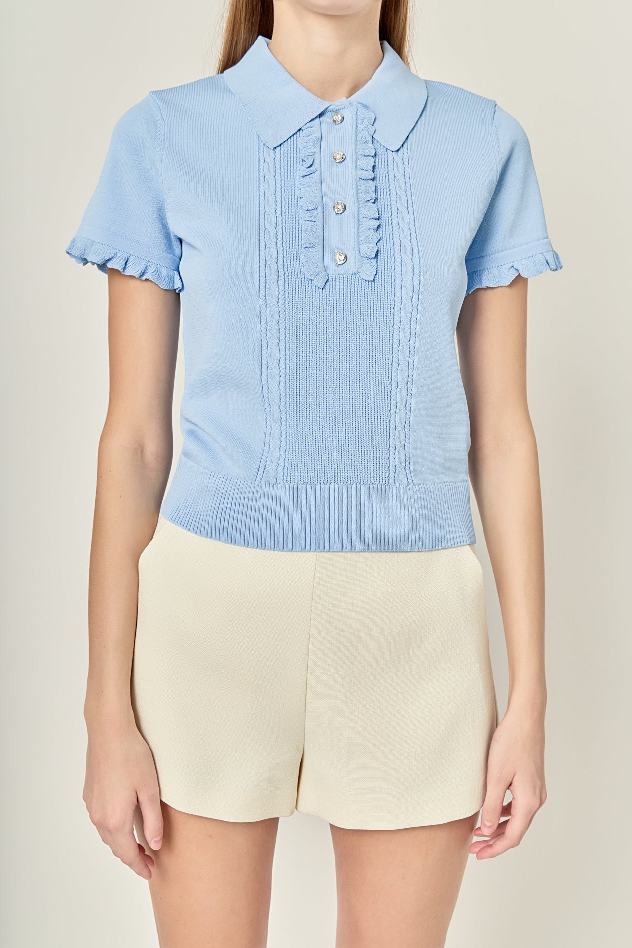 ENGLISH FACTORY - Ruffle Trim Collared Knit Top - TOPS available at Objectrare