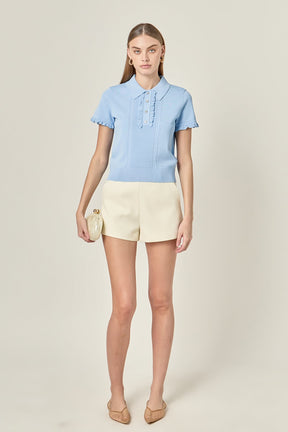 ENGLISH FACTORY - Ruffle Trim Collared Knit Top - TOPS available at Objectrare