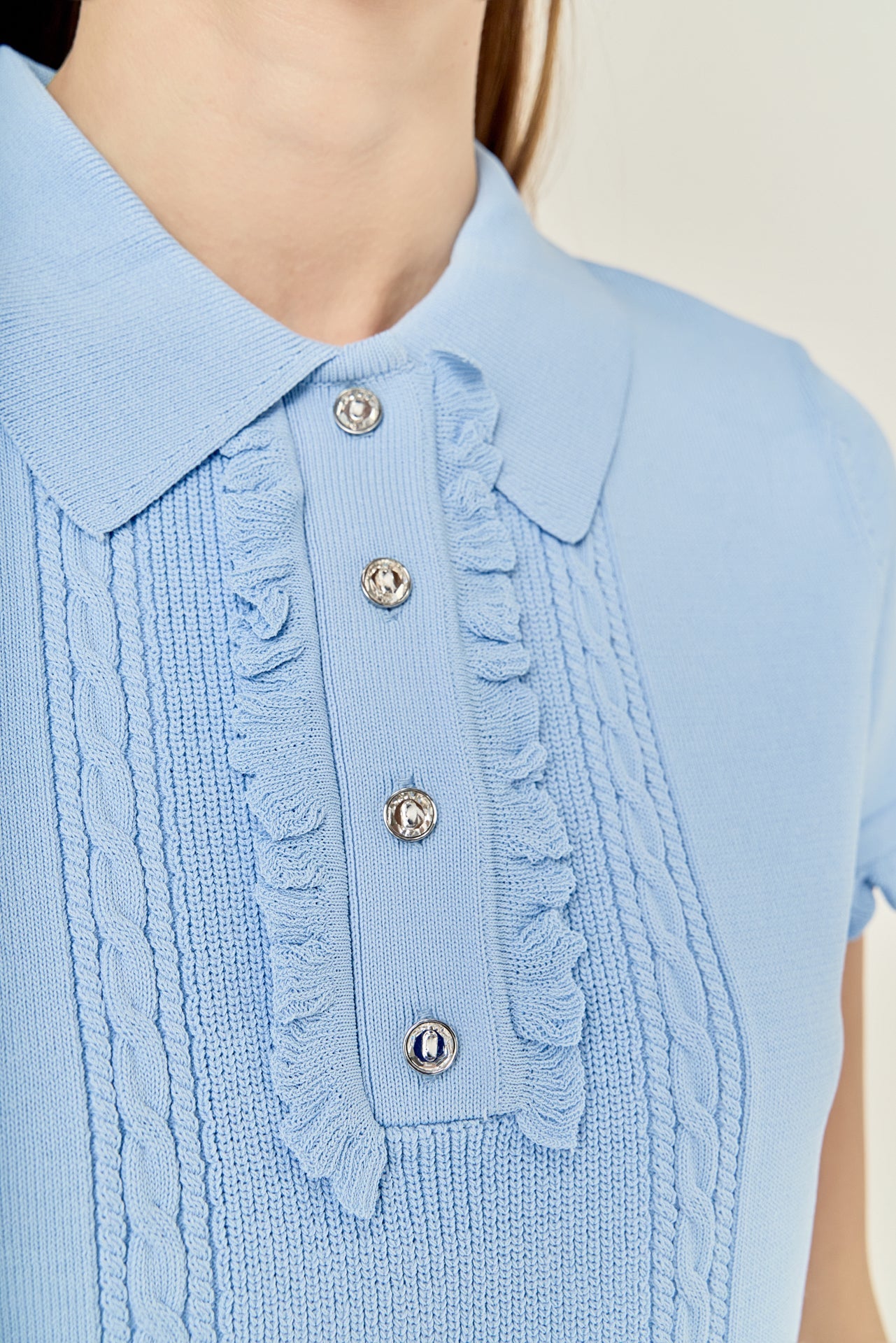 ENGLISH FACTORY - Ruffle Trim Collared Knit Top - TOPS available at Objectrare
