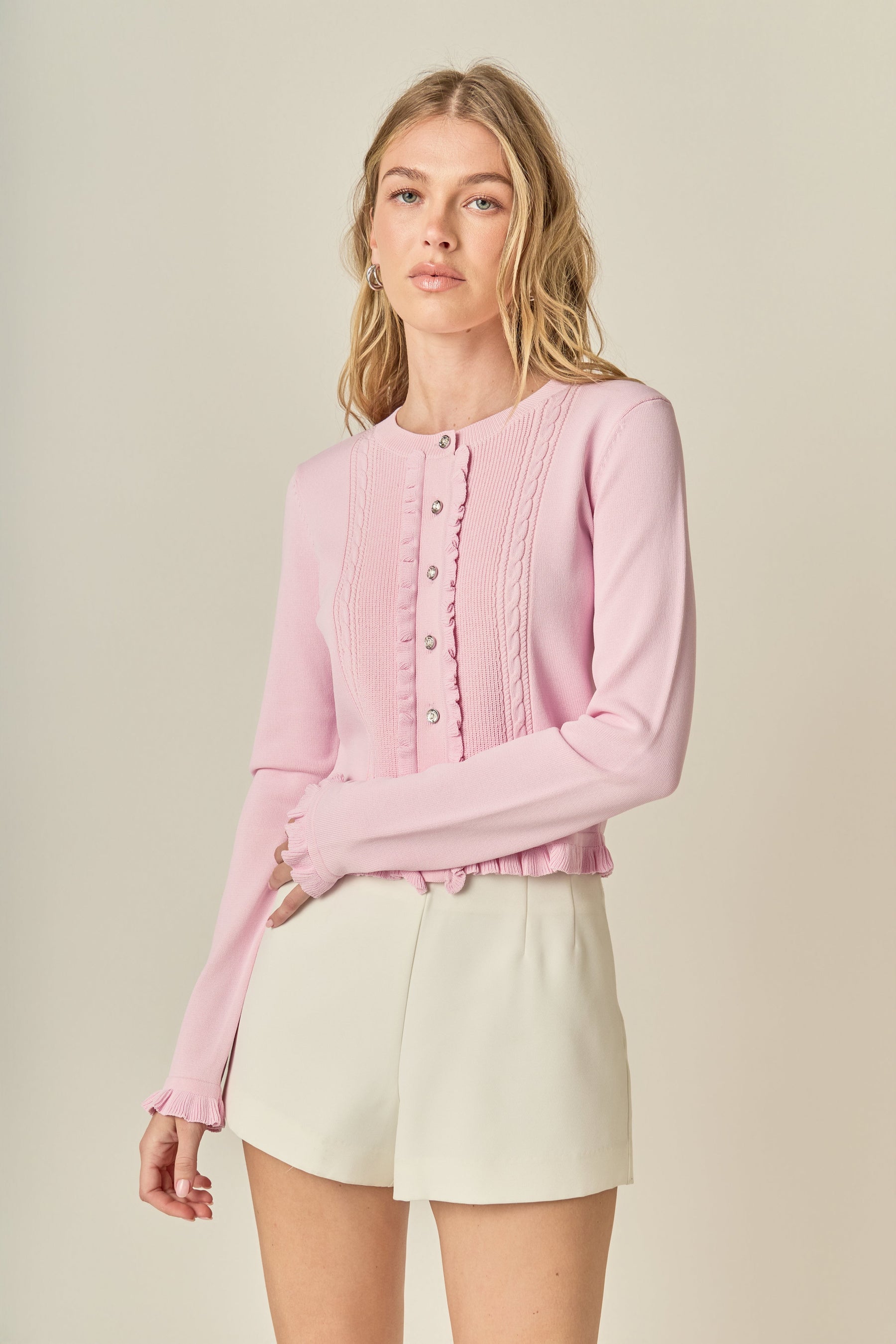 ENGLISH FACTORY - Ruffle Placket Knit Cardigan - SWEATERS & KNITS available at Objectrare