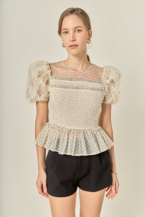 ENGLISH FACTORY - Polka Dot Puff Sleeve Peplum Top - TOPS available at Objectrare