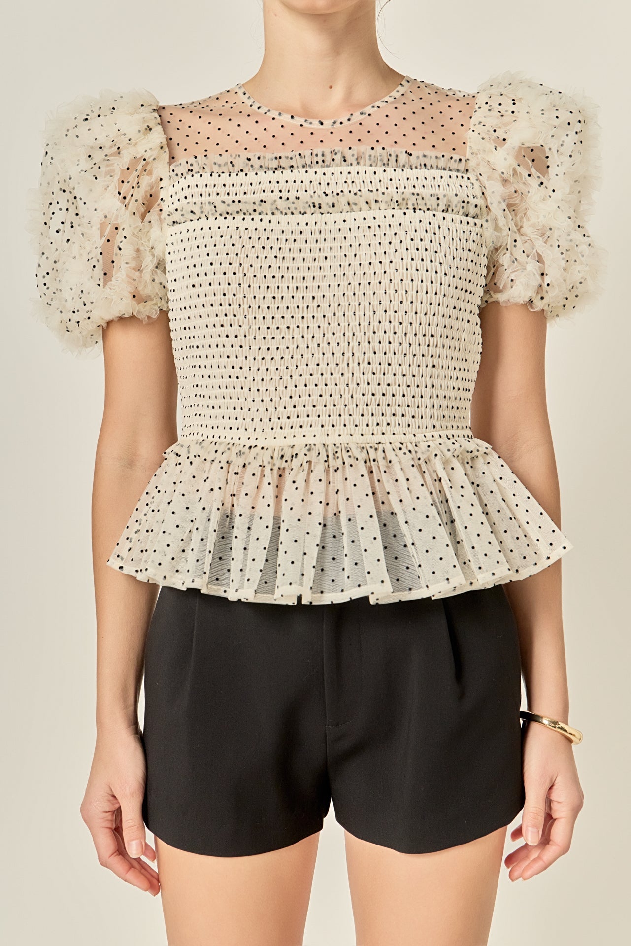 ENGLISH FACTORY - Polka Dot Puff Sleeve Peplum Top - TOPS available at Objectrare