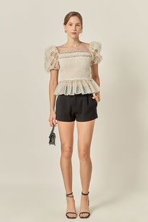 ENGLISH FACTORY - Polka Dot Puff Sleeve Peplum Top - TOPS available at Objectrare