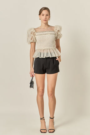 ENGLISH FACTORY - Polka Dot Puff Sleeve Peplum Top - TOPS available at Objectrare