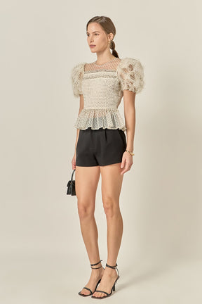 ENGLISH FACTORY - Polka Dot Puff Sleeve Peplum Top - TOPS available at Objectrare