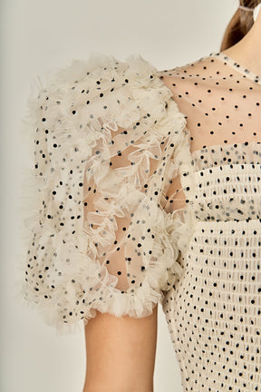 ENGLISH FACTORY - Polka Dot Puff Sleeve Peplum Top - TOPS available at Objectrare