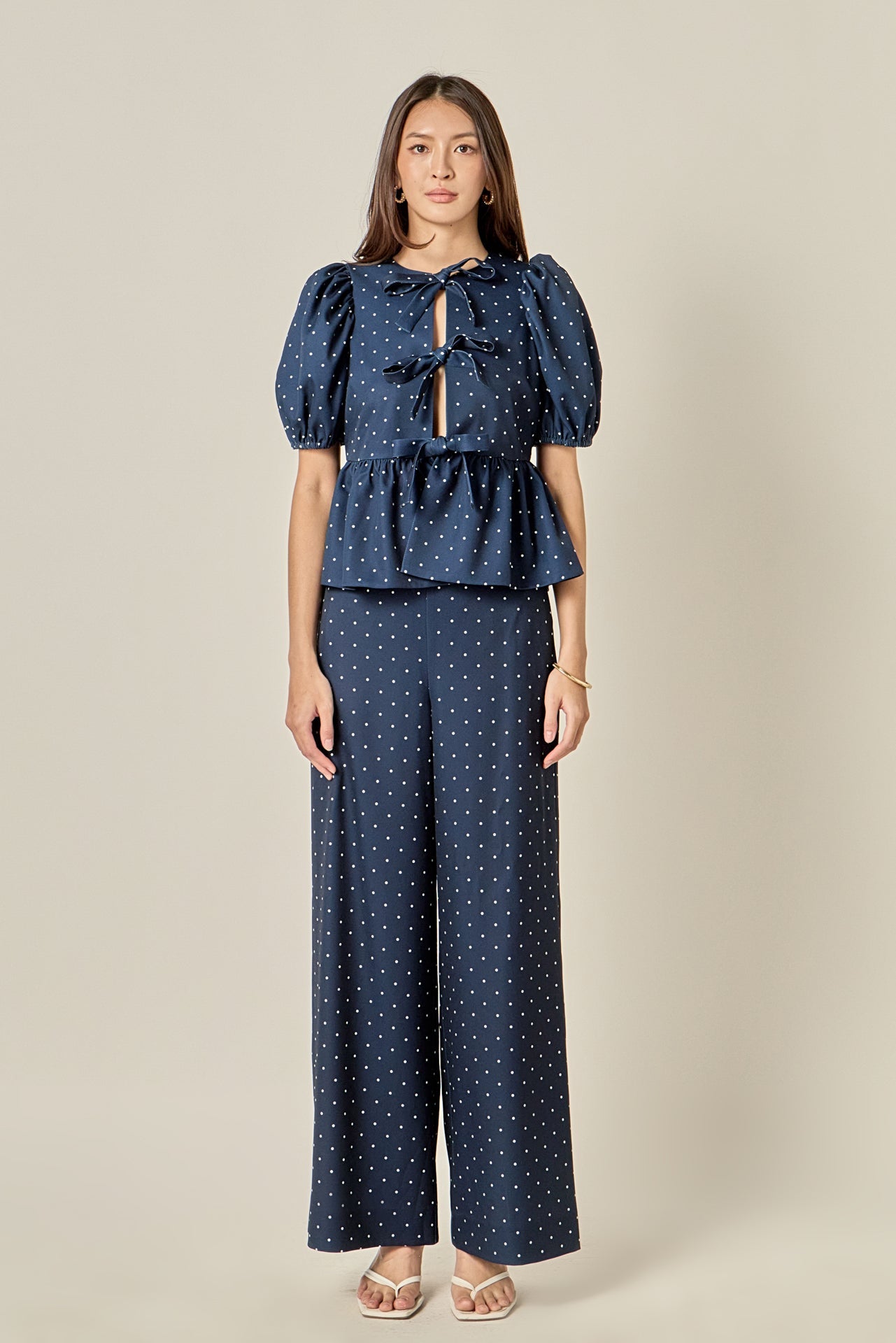 ENGLISH FACTORY - Polka Dot Tie Front Puff Sleeve Top - TOPS available at Objectrare