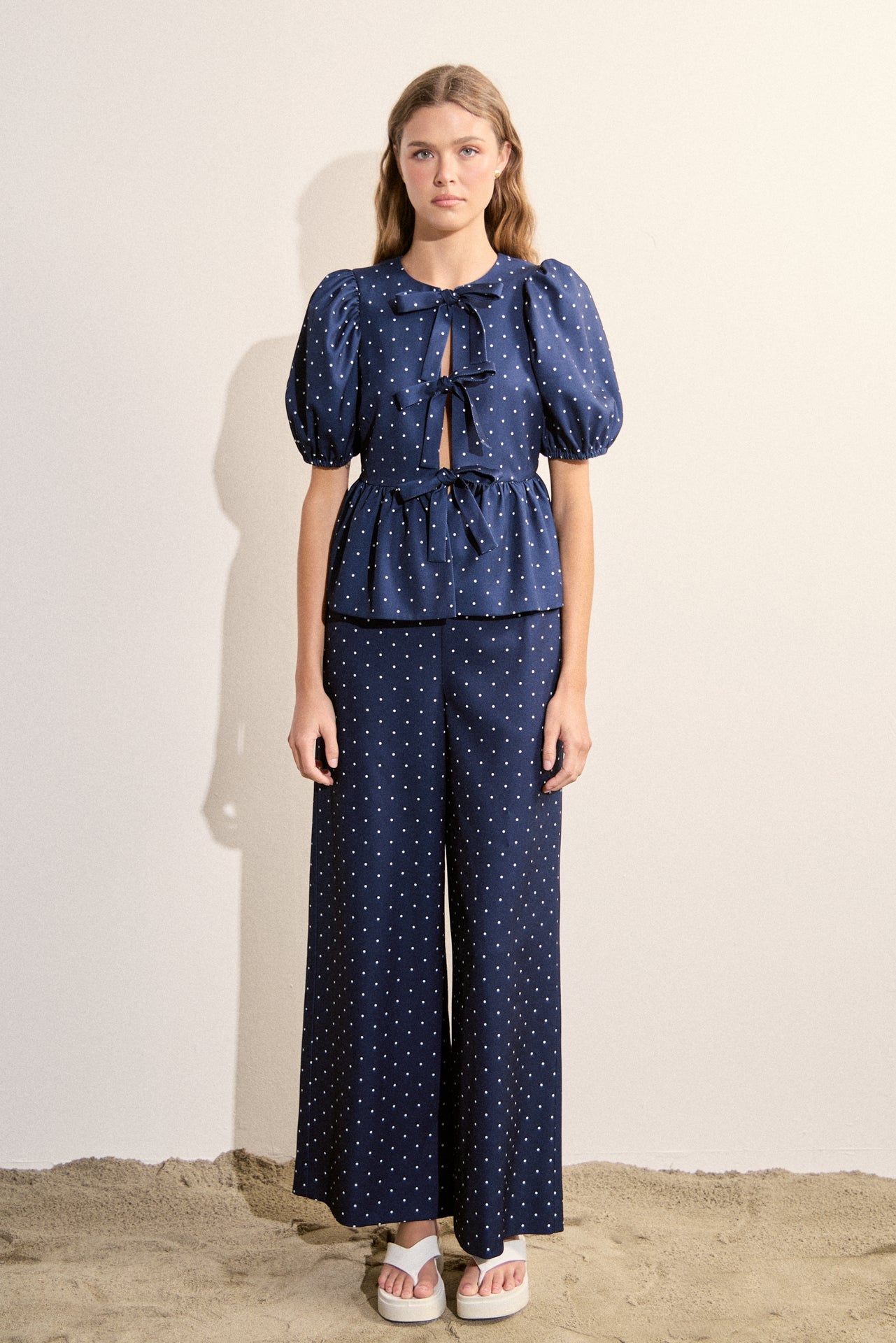 ENGLISH FACTORY - Polka Dot Tie Front Puff Sleeve Top - TOPS available at Objectrare