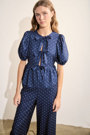 ENGLISH FACTORY - Polka Dot Tie Front Puff Sleeve Top - TOPS available at Objectrare