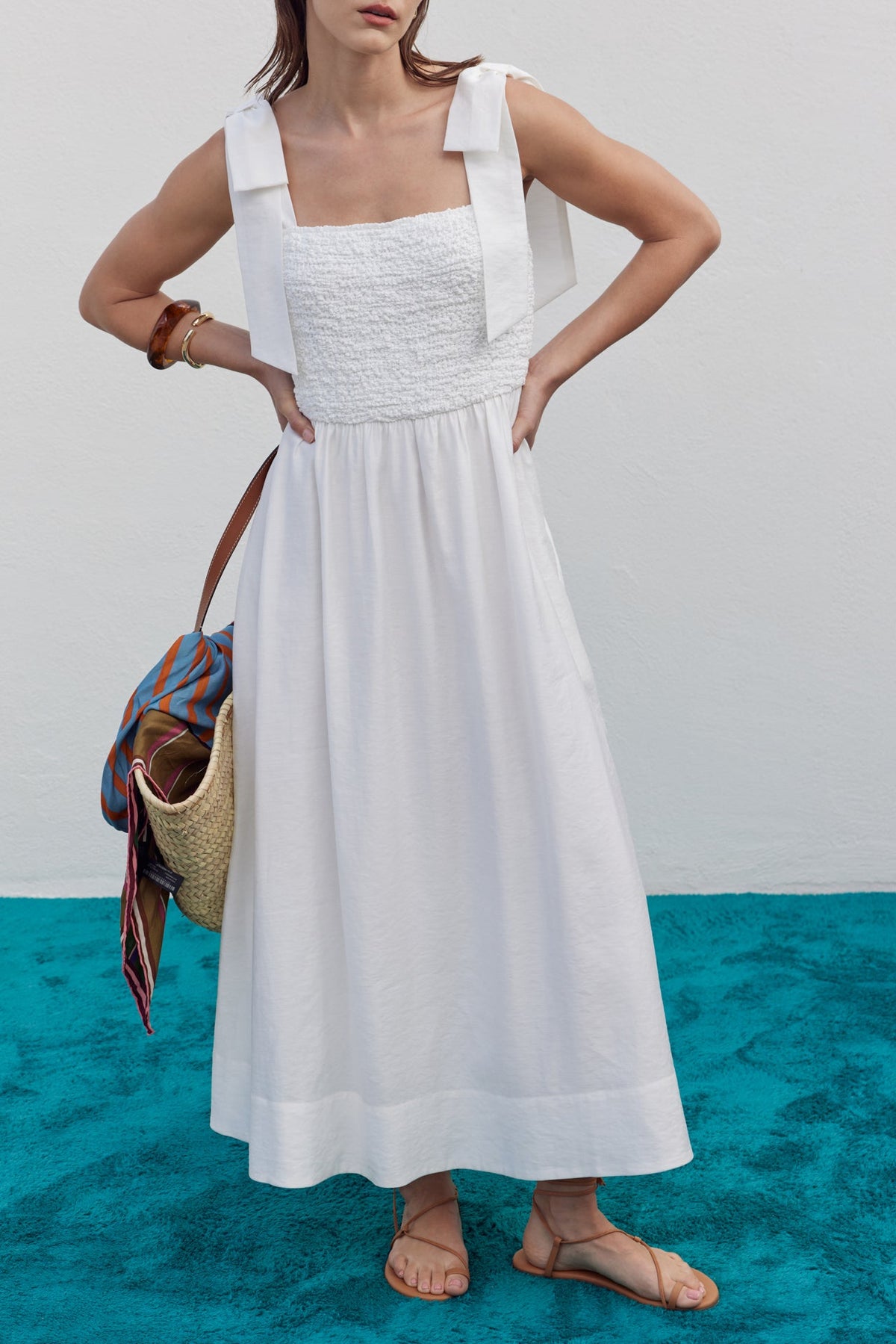 ENGLISH FACTORY - Smocked Bodice Bow Strap Midi Dress - DRESSES available at Objectrare