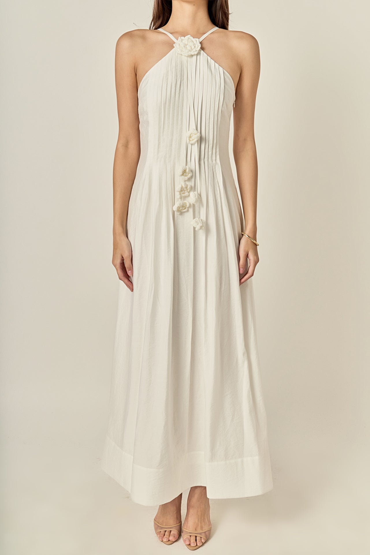 Crochet Flower Trim Halter Maxi Dress