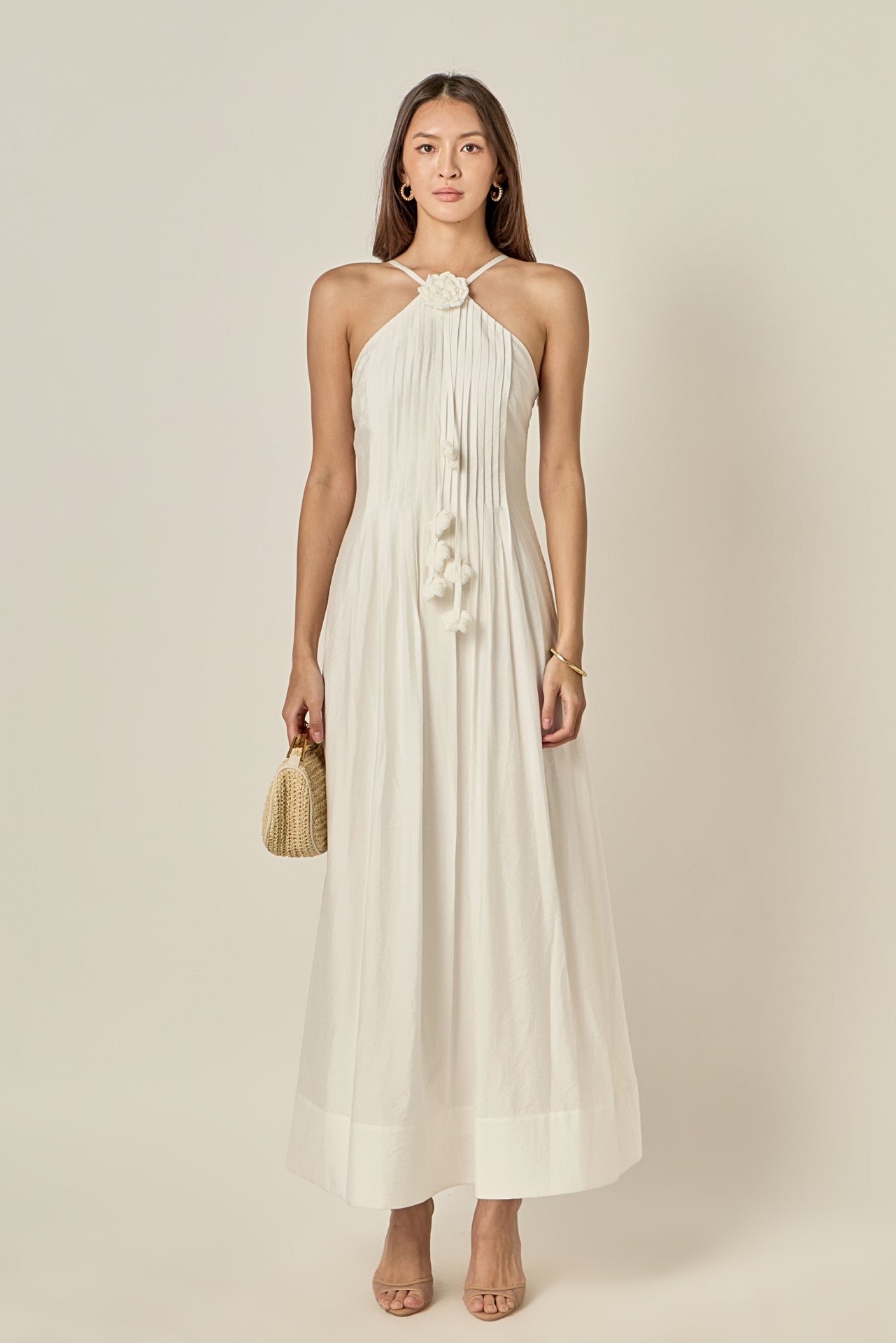 Crochet Flower Trim Halter Maxi Dress