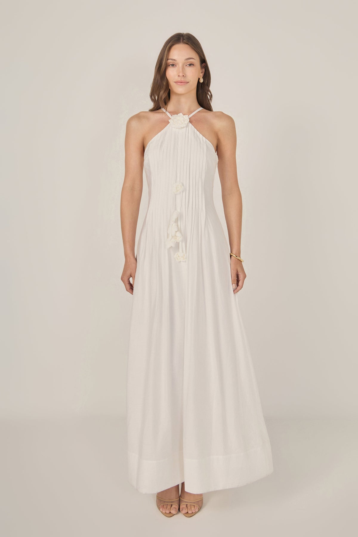 Crochet Flower Trim Sheer Halter Maxi Dress