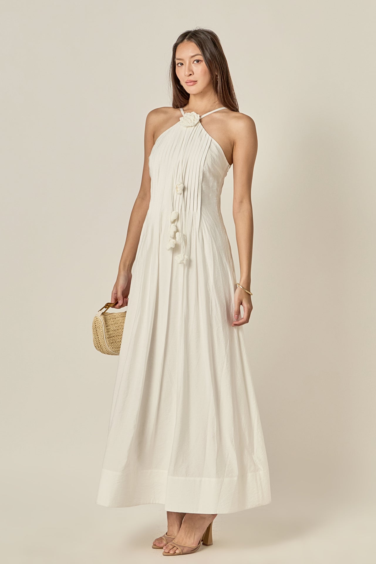 Crochet Flower Trim Halter Maxi Dress