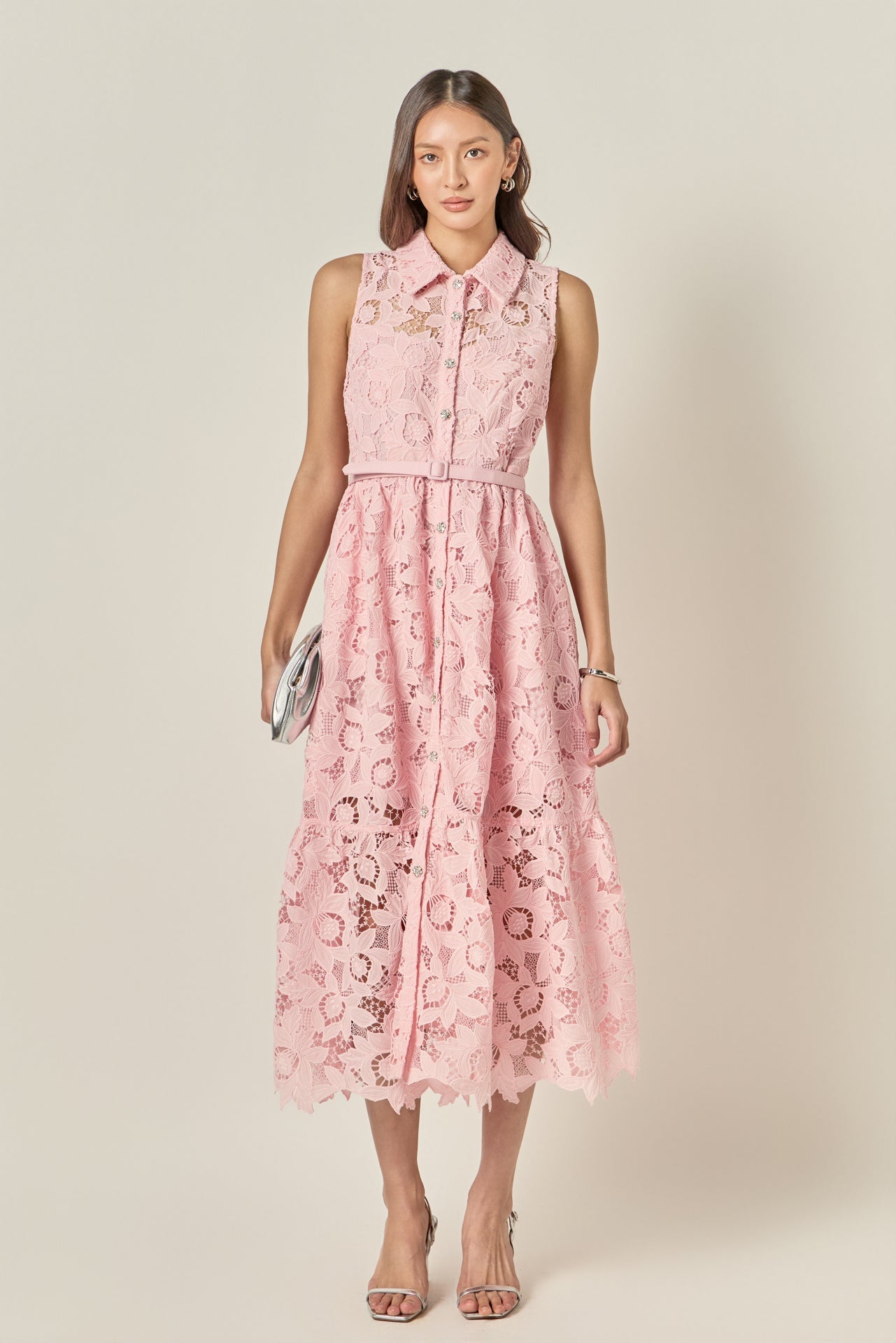 English Factory Women's Sleeveless Lace Button Front Midi Dress - PINK English Factory Women's Sleeveless Lace Button Front Midi Dress - PINK