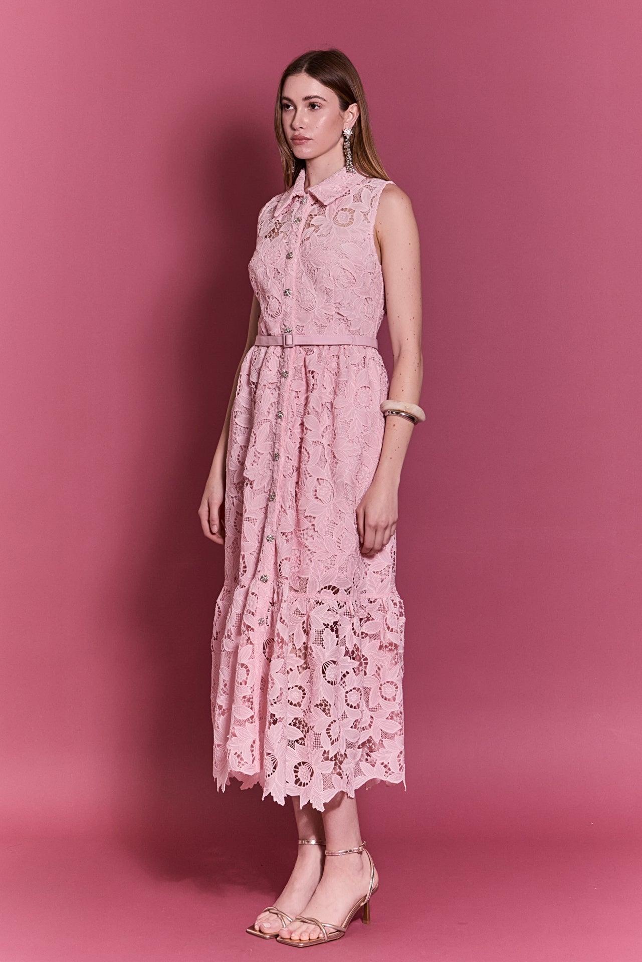English Factory Women's Sleeveless Lace Button Front Midi Dress - PINK English Factory Women's Sleeveless Lace Button Front Midi Dress - PINK