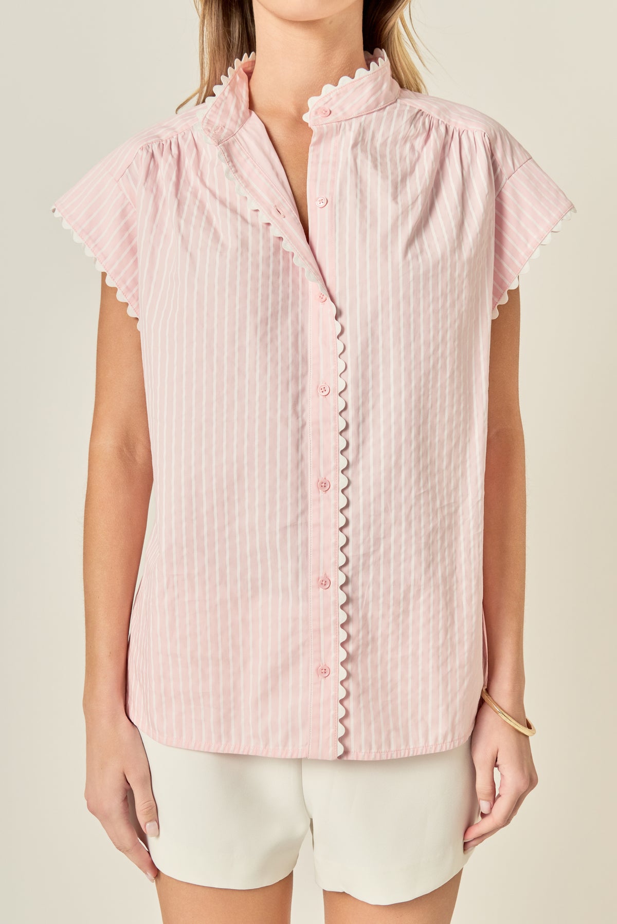 ENGLISH FACTORY - Striped Ric Rac Detail Short Sleeve Shirt - TOPS available at Objectrare