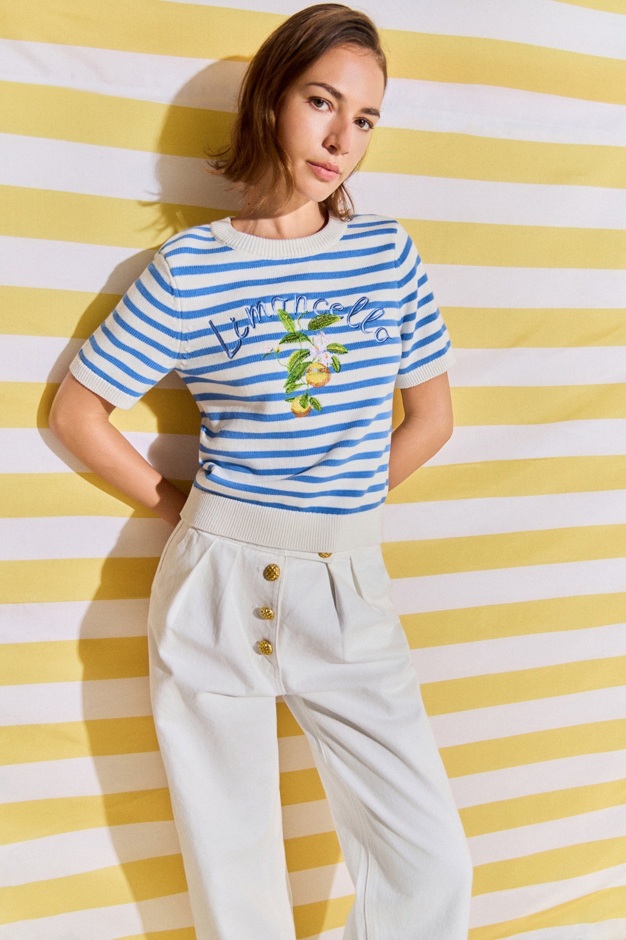 Striped Lemon Embroidered Short Sleeve Sweater