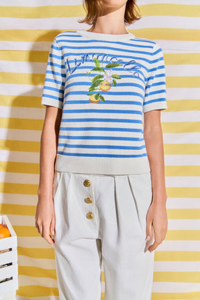 Striped Lemon Embroidered Short Sleeve Sweater