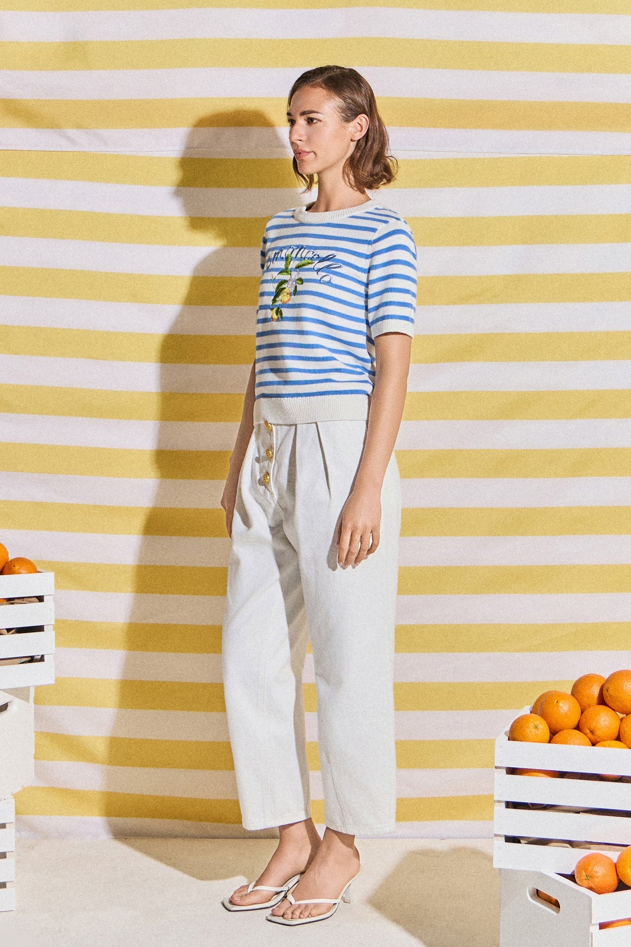 Striped Lemon Embroidered Short Sleeve Sweater