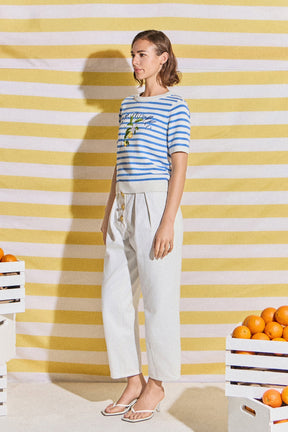 Striped Lemon Embroidered Short Sleeve Sweater