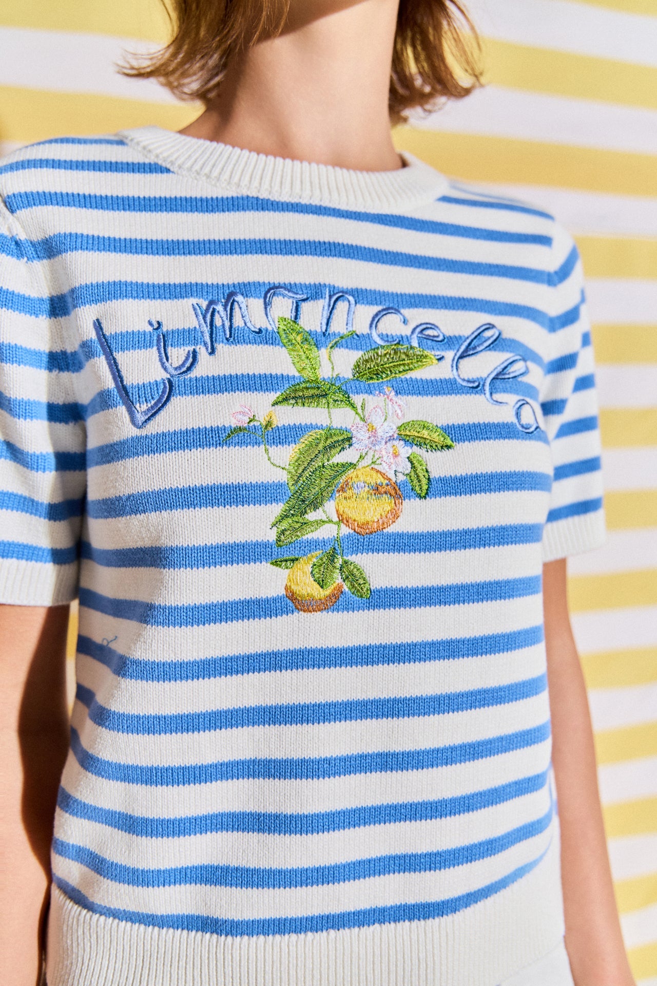 Striped Lemon Embroidered Short Sleeve Sweater
