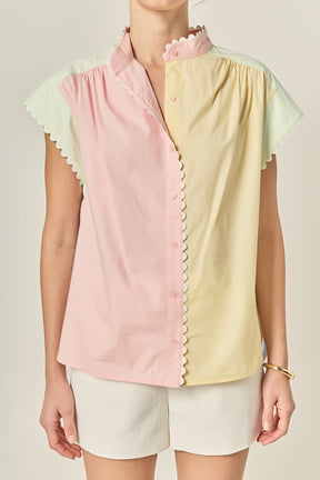 ENGLISH FACTORY - Ric Rac Trim Colorblock Button-Up Shirt - TOPS available at Objectrare