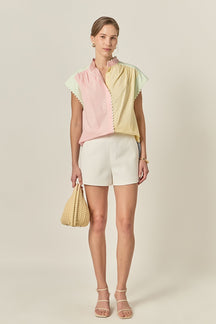 ENGLISH FACTORY - Ric Rac Trim Colorblock Button-Up Shirt - TOPS available at Objectrare