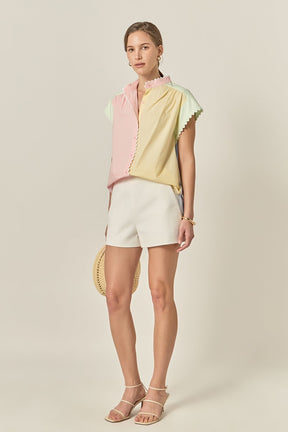 ENGLISH FACTORY - Ric Rac Trim Colorblock Button-Up Shirt - TOPS available at Objectrare