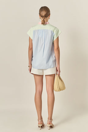 ENGLISH FACTORY - Ric Rac Trim Colorblock Button-Up Shirt - TOPS available at Objectrare