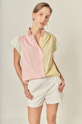 ENGLISH FACTORY - Ric Rac Trim Colorblock Button-Up Shirt - TOPS available at Objectrare