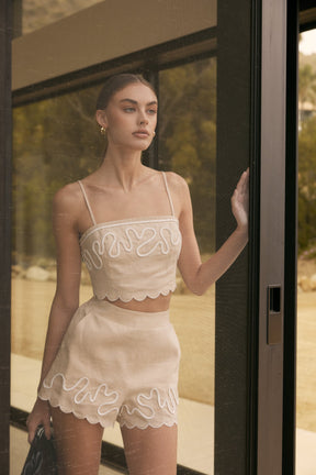 ENGLISH FACTORY - Embroidered Scalloped Linen Crop Top - TOPS available at Objectrare