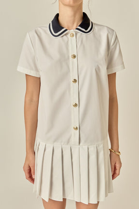 Contrast Collar Pleated Mini Dress
