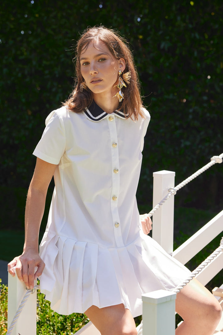 ENGLISH FACTORY - Contrast Collar Pleated Mini Dress - DRESSES available at Objectrare