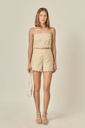 ENGLISH FACTORY - Embroidered Scalloped Linen Crop Top - TOPS available at Objectrare