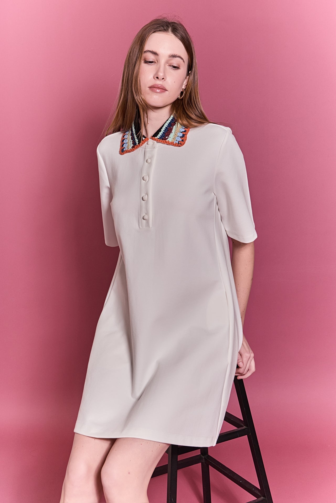 Crochet Trim A-Line Shirt Dress