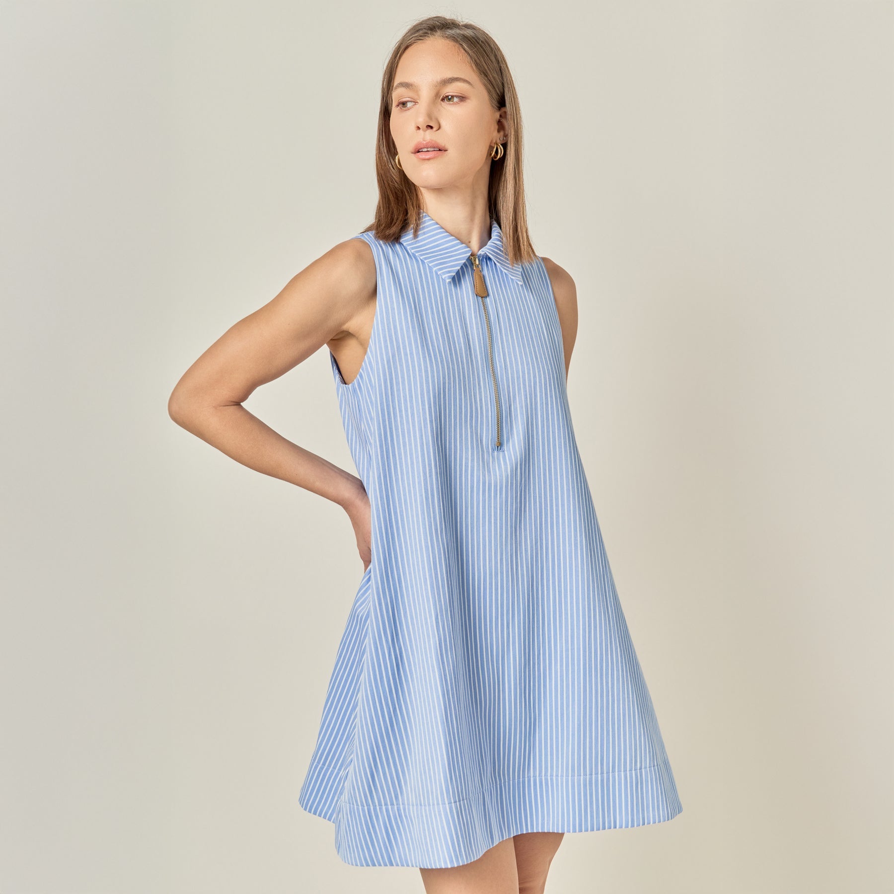 Zip-Front Collared Sleeveless Mini Dress