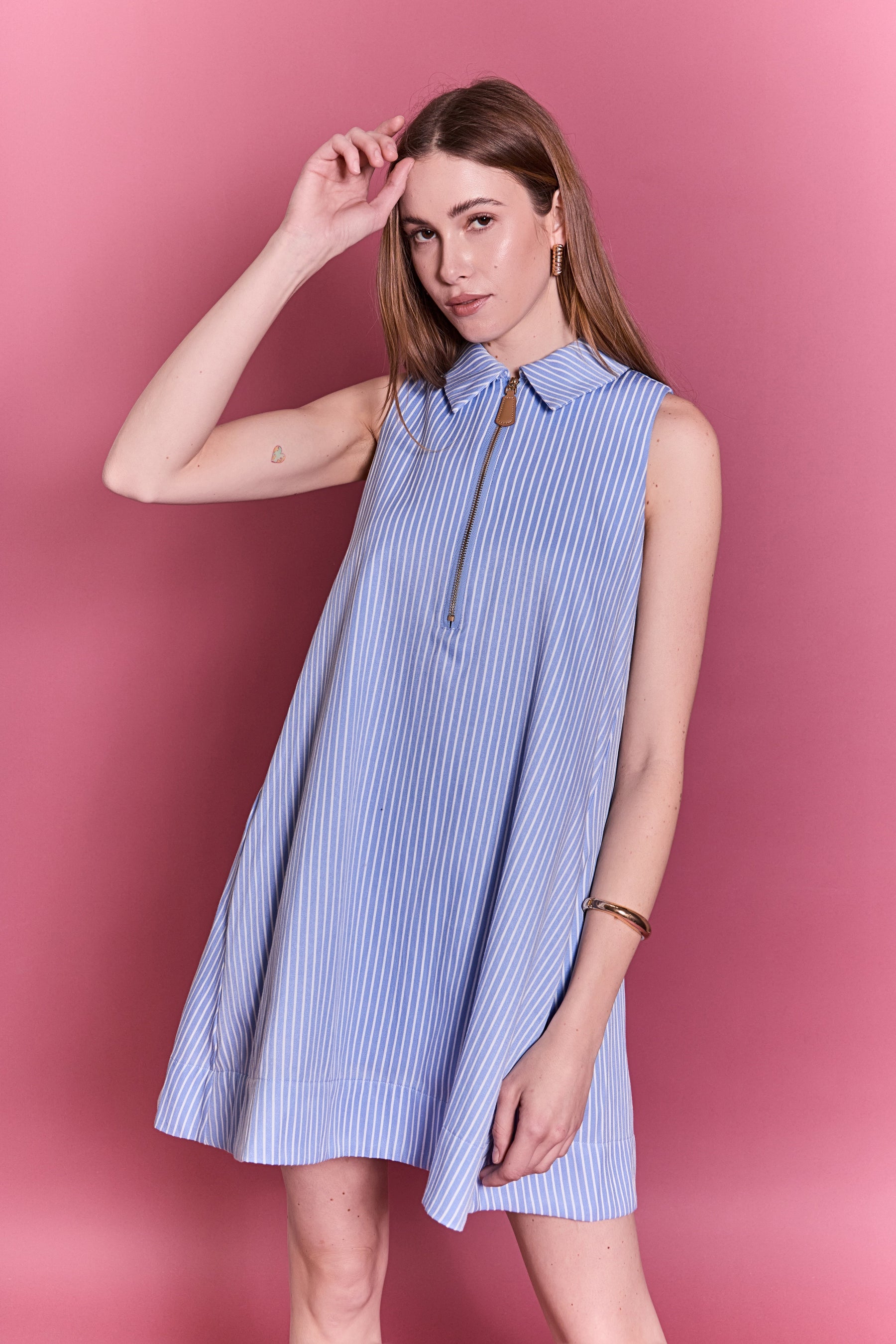 Zip-Front Collared Sleeveless Mini Dress