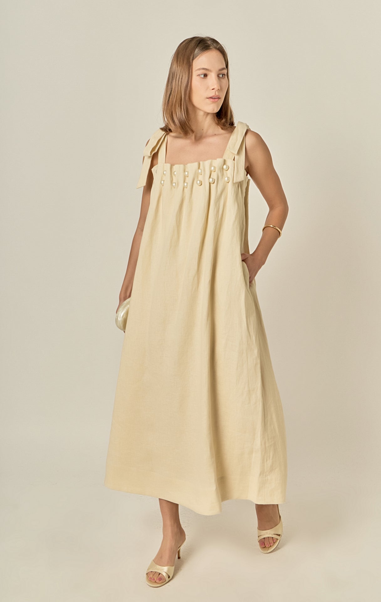 Pearl Tie Strap Linen Midi Dress