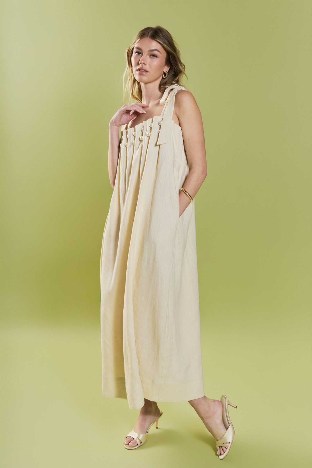 Pearl Tie Strap Linen Midi Dress