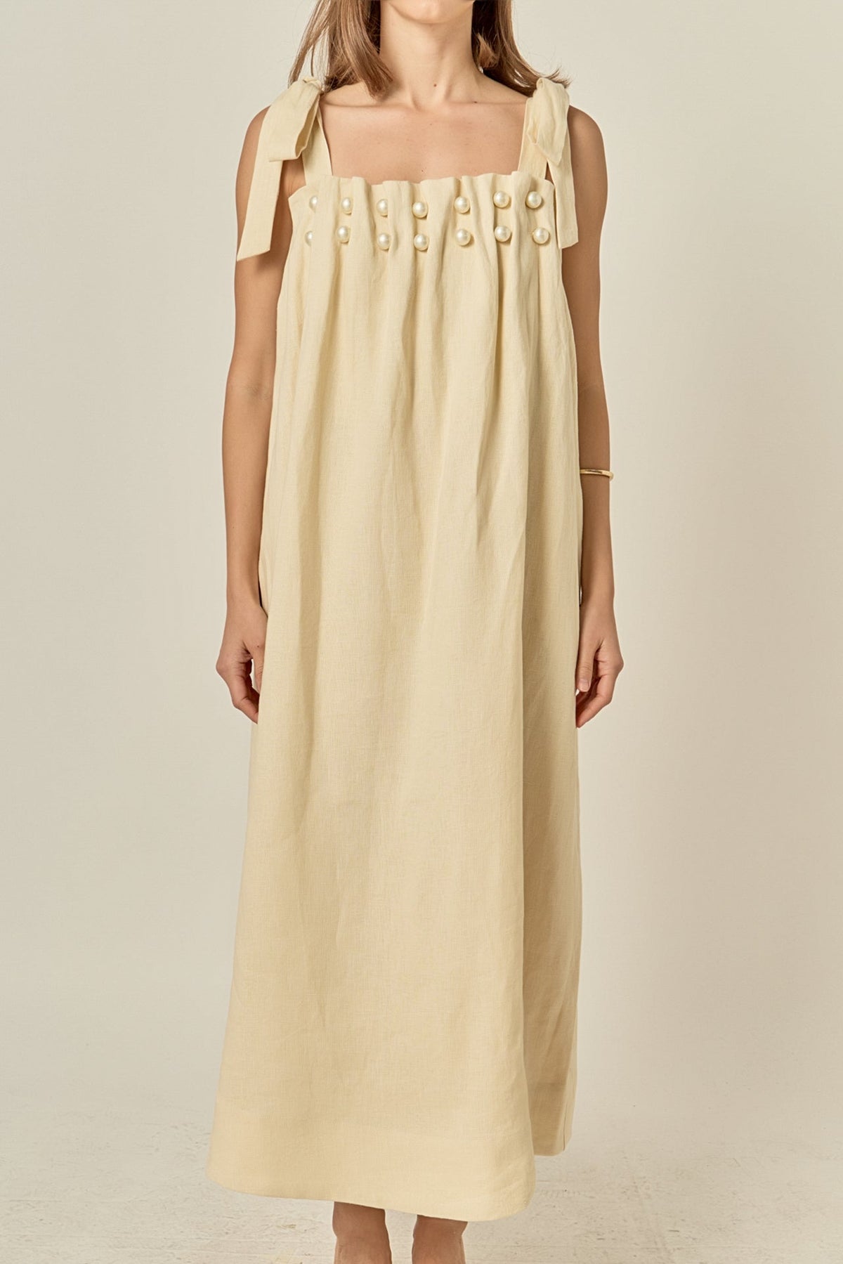 Pearl Tie Strap Linen Midi Dress
