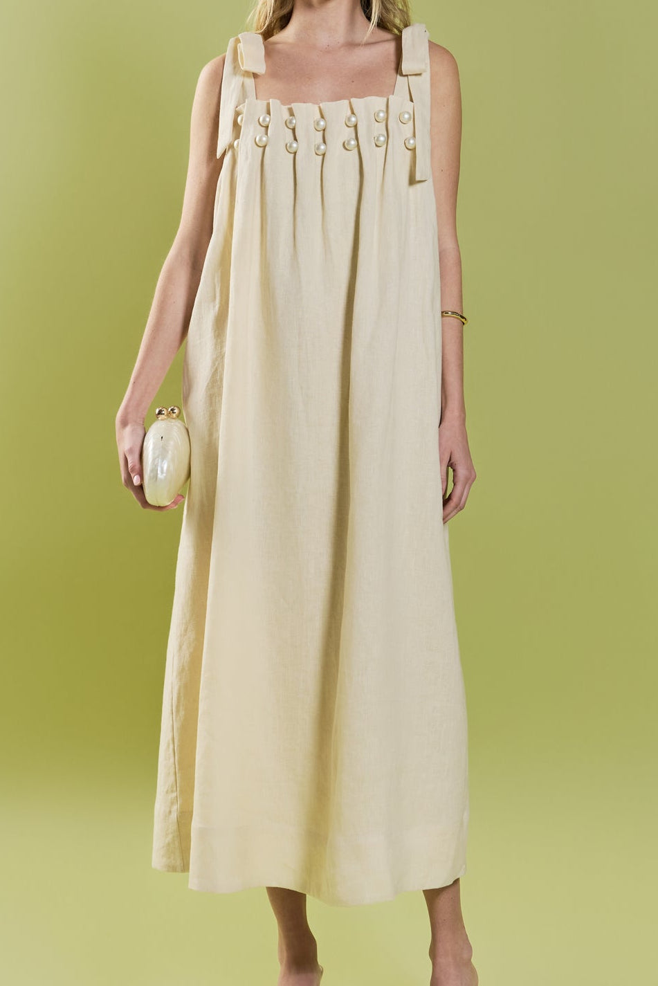 Pearl Tie Strap Linen Midi Dress