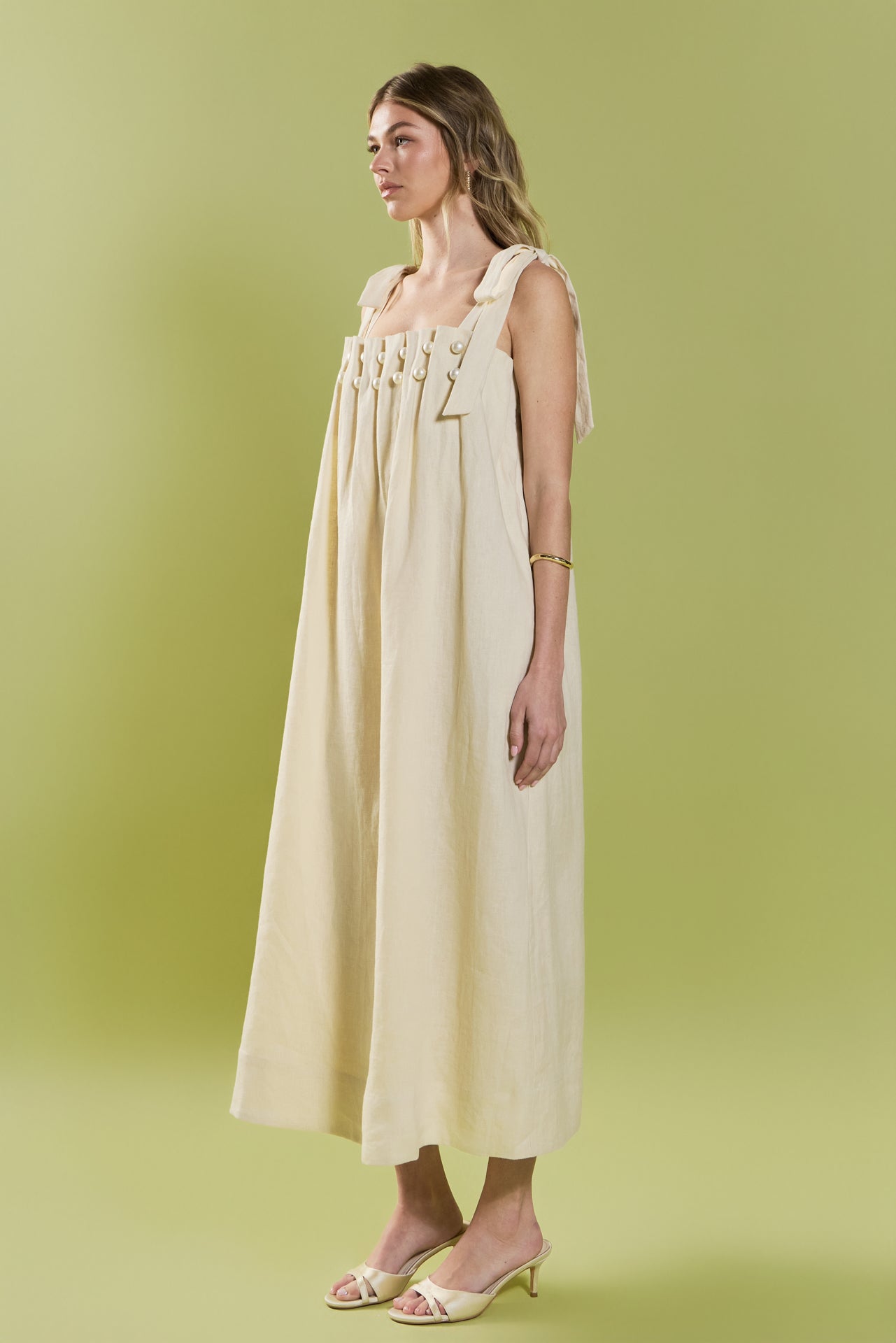 Pearl Tie Strap Linen Midi Dress