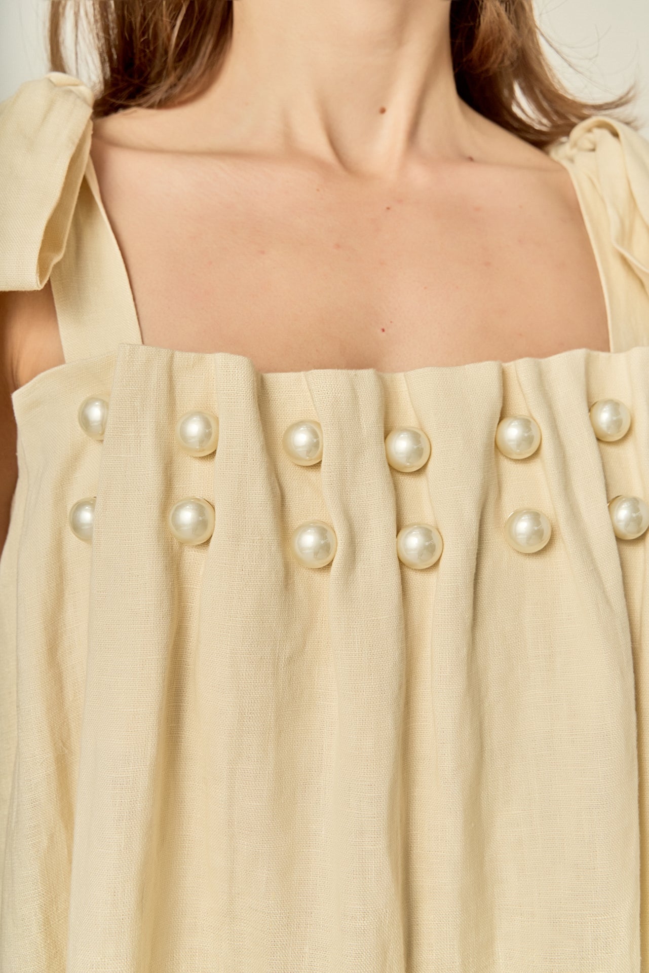 Pearl Tie Strap Linen Midi Dress