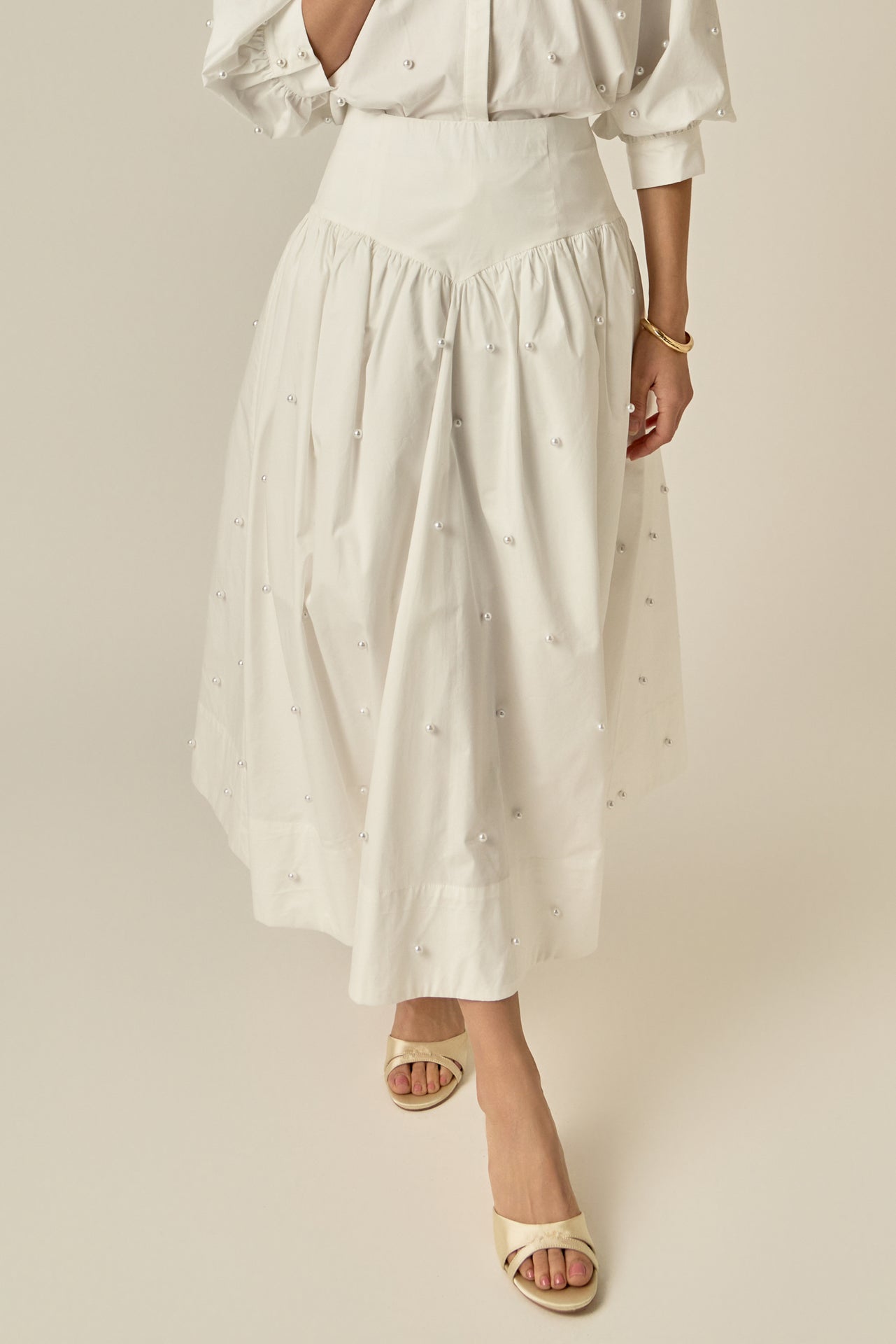 Pearl Embellished Poplin Midi Skirt