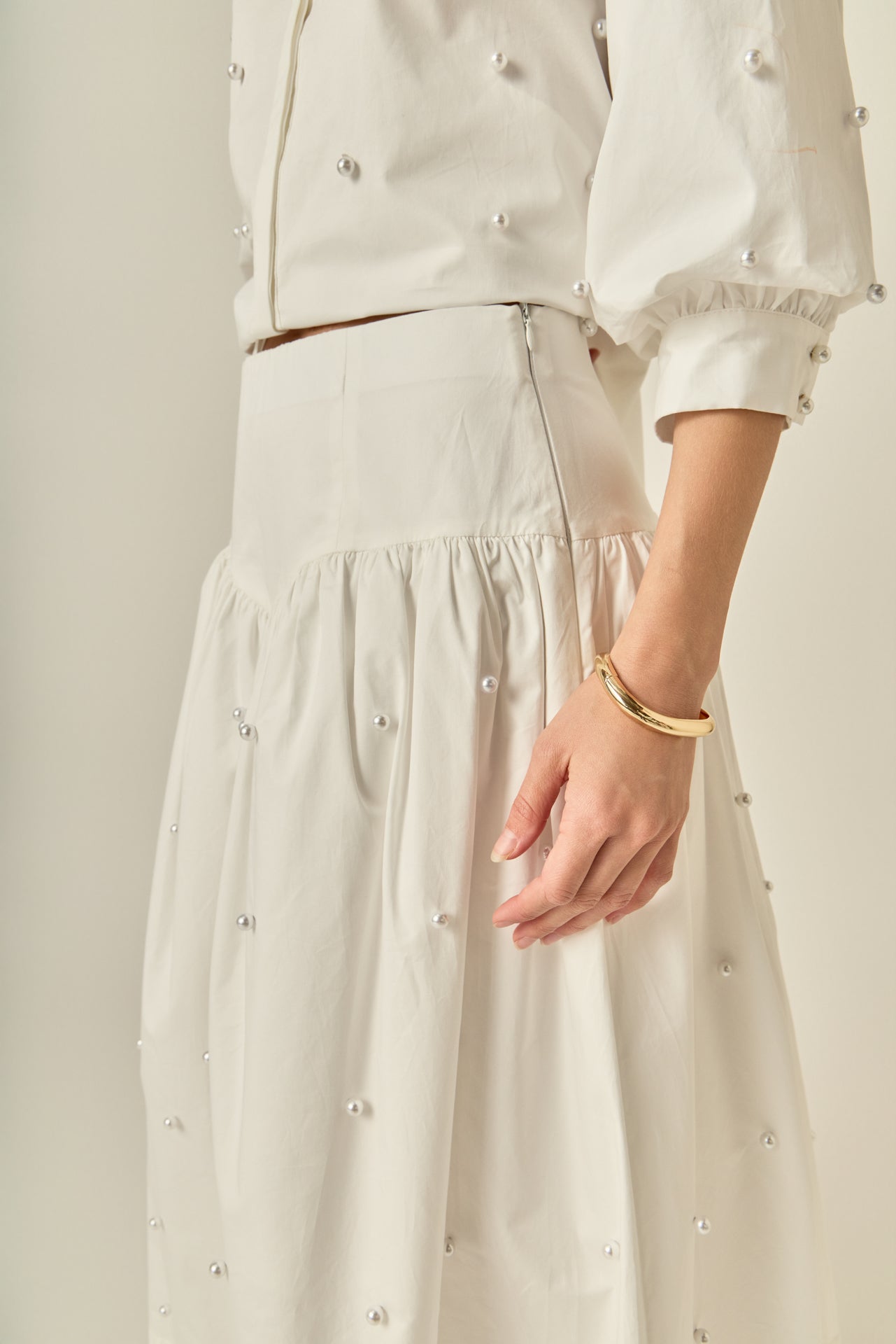 Pearl Embellished Poplin Midi Skirt