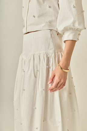 Pearl Embellished Poplin Midi Skirt